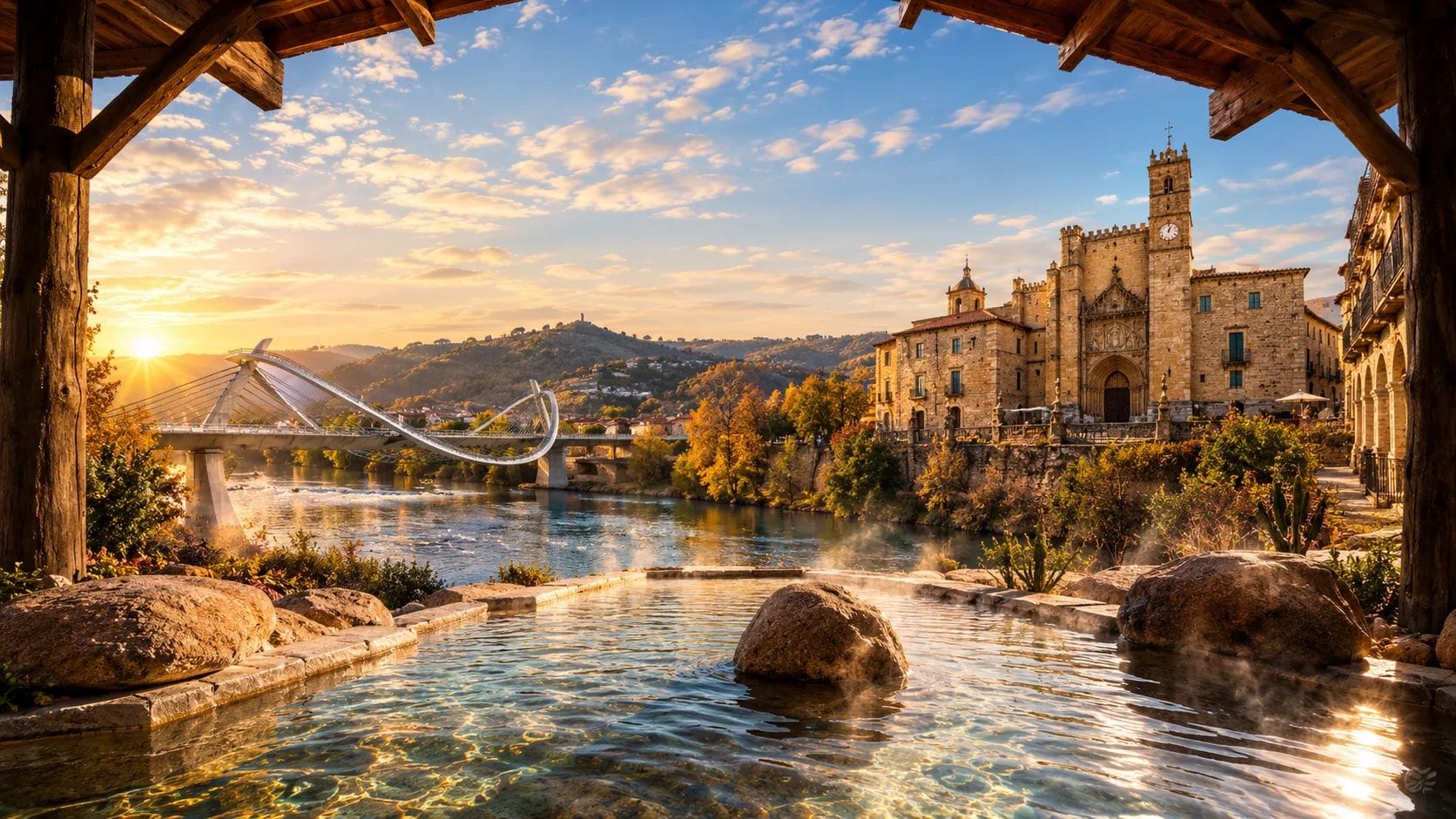 Ourense al atardecer: poza termal bajo una pérgola de madera, el puente del Milenio sobre el Miño y edificios de piedra